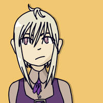 my oc elliot. albino. wears a purple vest and ascot over a pale beige button up shirt. elliot's hair is long on the sides, but short in the back, with shortish bangs, and a messy tuft on the top. solid yellow backround.
